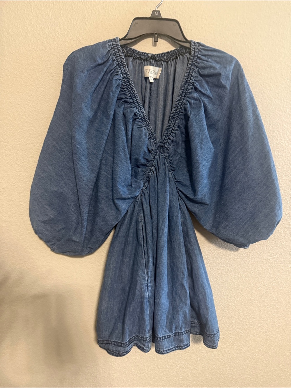 Blue Denim-Look Babydoll Blouse with Puff Sleeves
